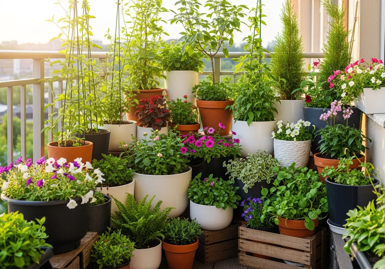 Corner balcony garden with clustered containers of varying heights